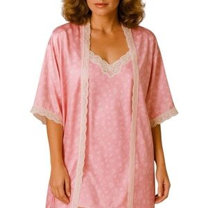 Vintage 80s Barbizon Pink Satin Lingerie Set Lace Trim Robe & Slip Size Large